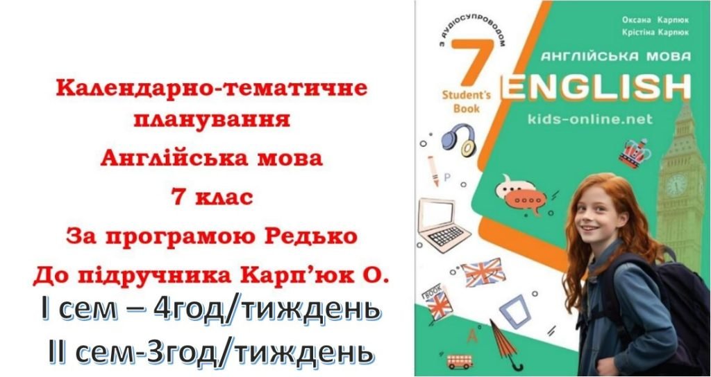 Головне зображення розробки: Календарно-тематичне планування з англійської мови для 7 класу НУШ (до підручника О.Карп’юк) у І сем