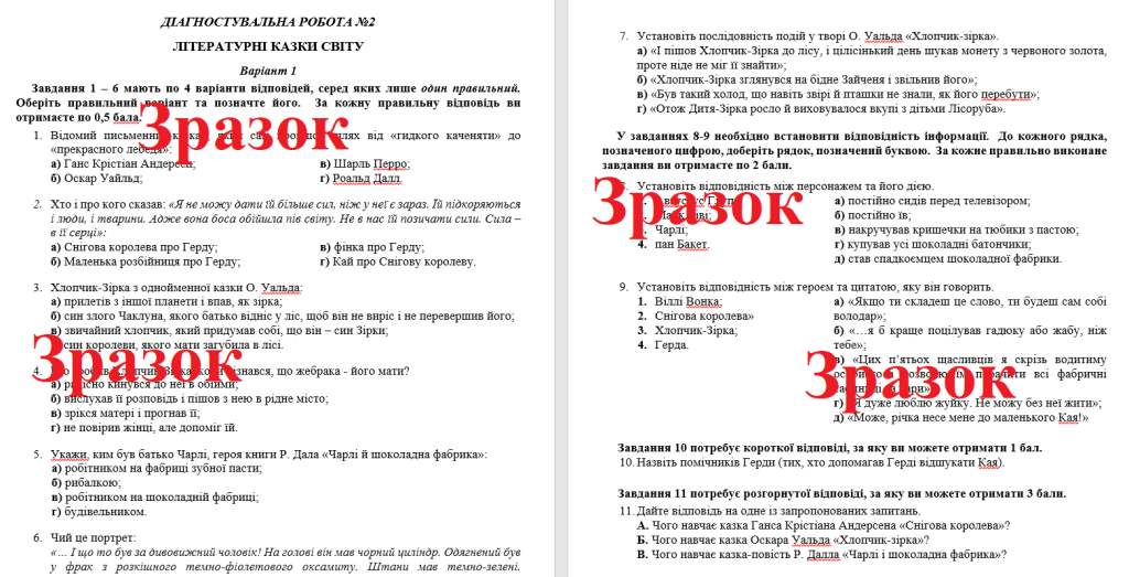 Головне зображення розробки: Діагностувальна робота з зарубіжної літератури для 5 класу за темою “Літературні казки”