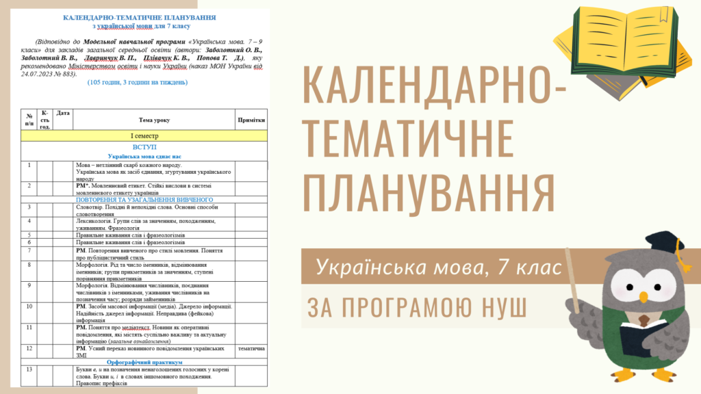Головне зображення розробки: Календарне планування, українська мова, 7 клас. За програмою НУШ. 3 год./тижд.