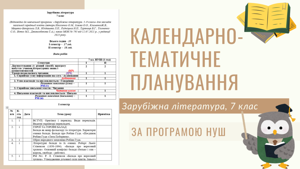 Головне зображення розробки: Календарне планування, Зарубіжна література, 7 клас. За програмою НУШ. 1 год./тижд.