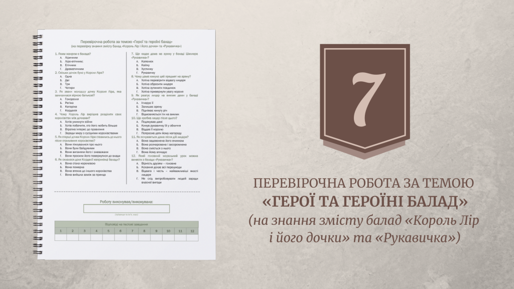 Головне зображення розробки: Перевірочна робота із зарубіжної літератури для 7 класу за темою «Герої та героїні балад»