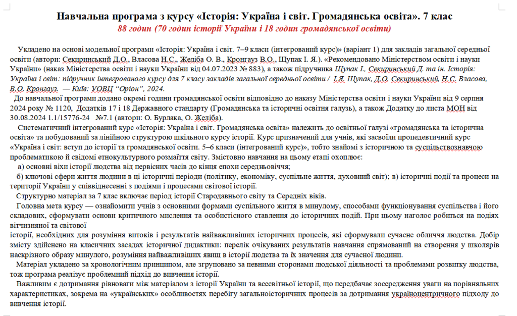 Головне зображення розробки: Програма «Історія: Україна і світ. Громадянська освіта”. 7 кл. 88 год. Щупак