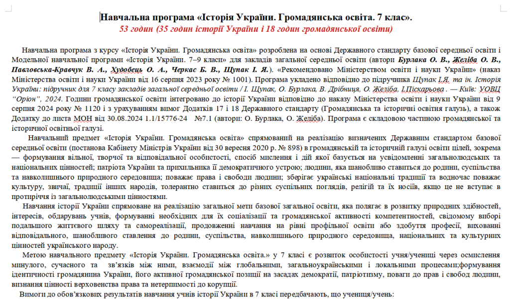 Головне зображення розробки: Навчальна програма «Історія України. Громадянська освіта” 7 клас. 70 год. Щупак