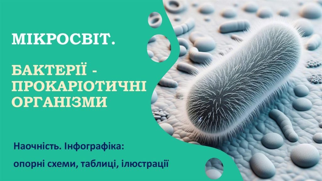 Головне зображення розробки: БАКТЕРІЇ – ПРОКАРІОТИЧНІ ОРГАНІЗМИ. БІОЛОГІЯ В СХЕМАХ, МАЛЮНКАХ І ТАБЛИЦЯХ. ІНФОГРАФІКА до уроків біології. НУШ 7-11 класи