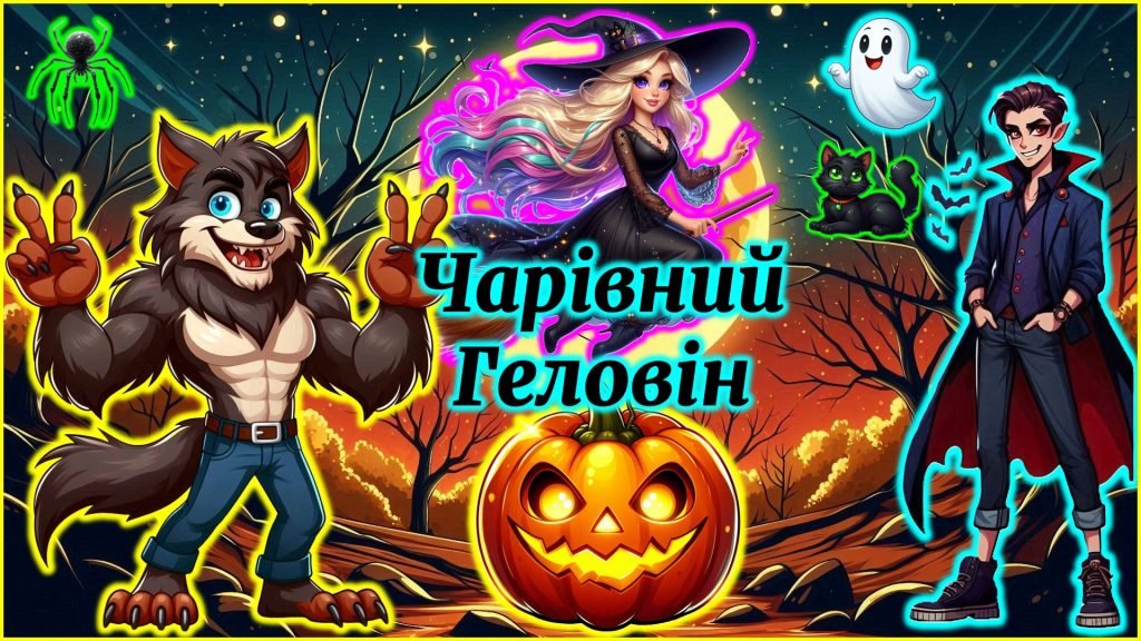 Головне зображення розробки: Чарівні привітання на Геловін 🌕: 🧙‍♀️, 🎃, 🧛‍♂️, 👻, 🕷️, 🐺, 🐈 (для старших учнів)