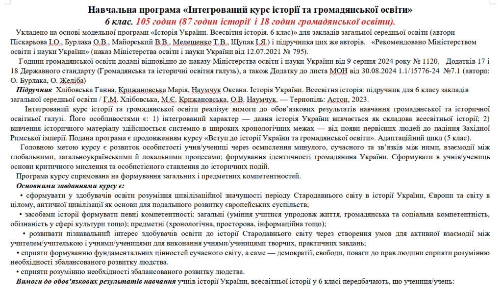 Головне зображення розробки: Програма. Інтегрований курс історії та громадянської освіти. 6 клас. 105 годин. Хлібовська
