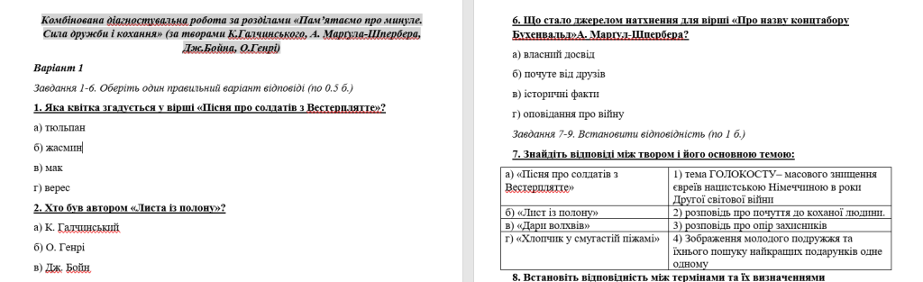 Головне зображення розробки: Комбінована діагностувальна робота за розділами «Пам’ятаємо про минуле. Сила дружби і кохання» (за т