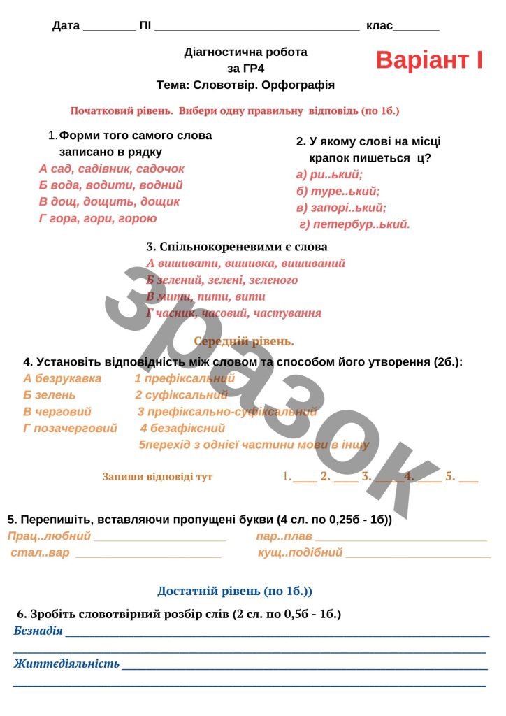 Головне зображення розробки: Діагностична робота за ГР4 “Словотвір. Орфографія”
