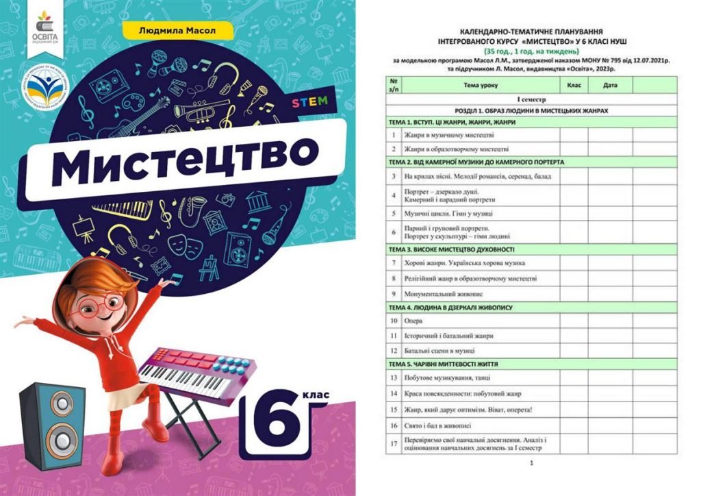 Головне зображення розробки: !!! КТП МИСТЕЦТВО. 6 КЛ НУШ 35 год.,1 год.тижд. ПРОГРАМА, ПІДРУЧН. МАСОЛ + КРИТЕРІЇ ОЦІНЮВАННЯ+НАВЧ.ПРОГРАМА