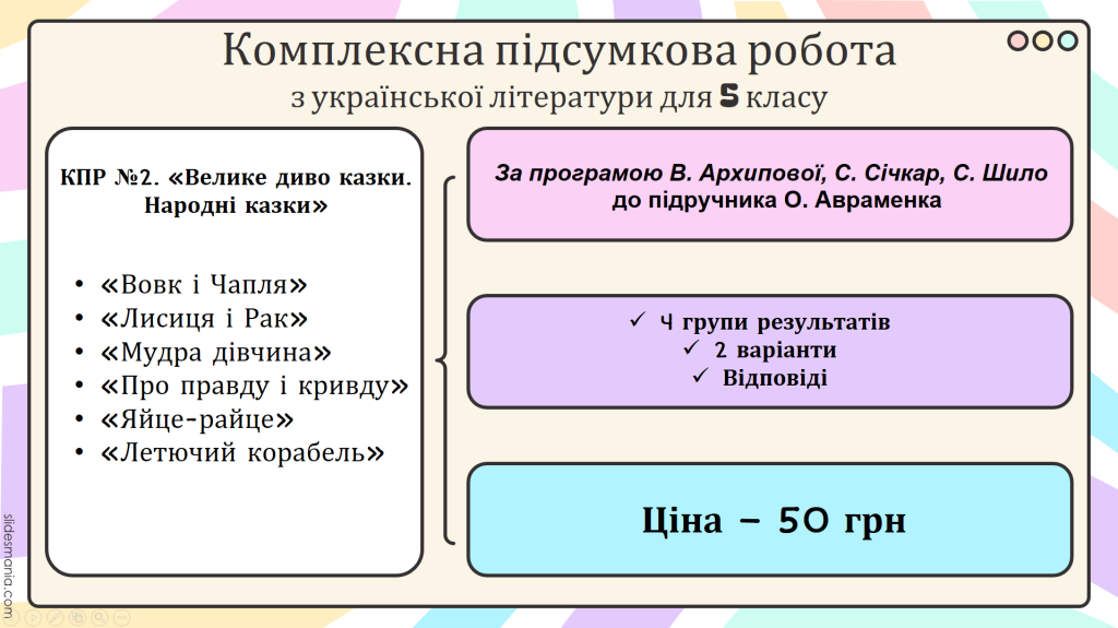 Головне зображення розробки: КОМПЛЕКСНА ПІДСУМКОВА РОБОТА за темою “Велике диво казки. Народні казки” (5 кл.)