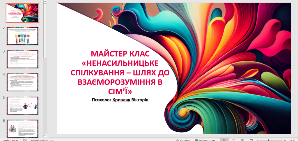 Головне зображення розробки: МАЙСТЕР КЛАС «НЕНАСИЛЬНИЦЬКЕ СПІЛКУВАННЯ – ШЛЯХ ДО ВЗАЄМОРОЗУМІННЯ В СІМ’Ї»