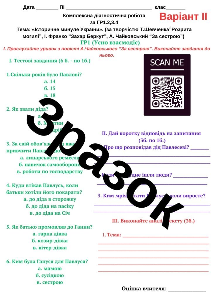 Головне зображення розробки: Комплексна діагностична робота за ГР1.2,3.4 Тема: «Історичне минуле України». (за творчістю Т.Шевченка”Розрита могилі”, І. Франко “Захар Беркут”, А. Ч