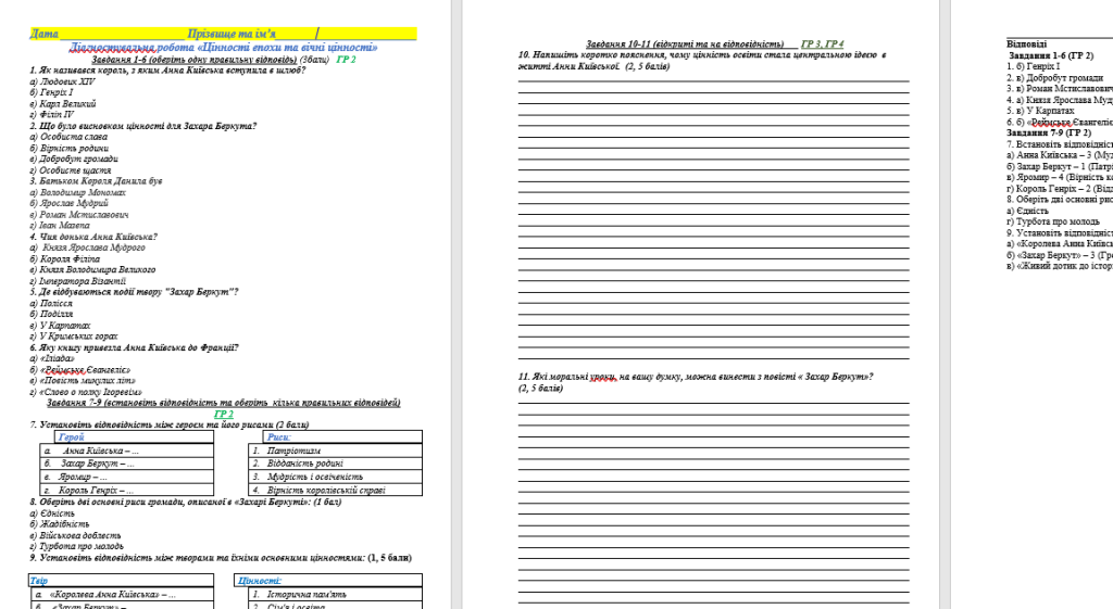 Головне зображення розробки: Діагностувальна (контрольна ) робота «Цінності епохи та вічні цінності» з групами результатів