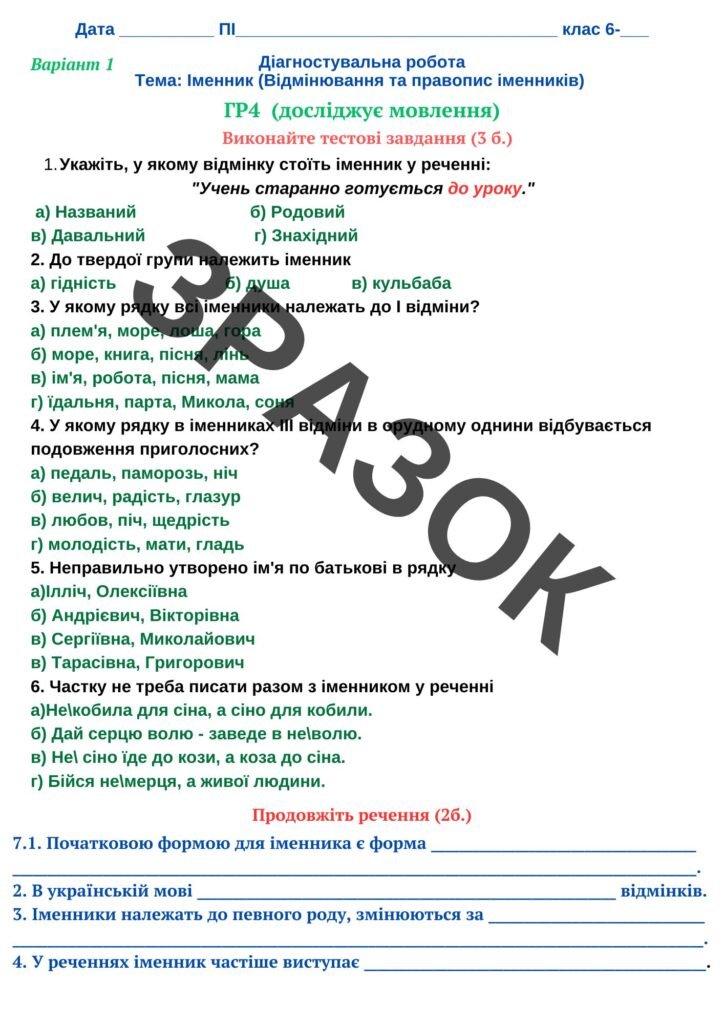 Головне зображення розробки: Підсумкова комплексні робота за ГР 1,2,3,4 ” Іменник (Відмінювання та правопис іменників)”