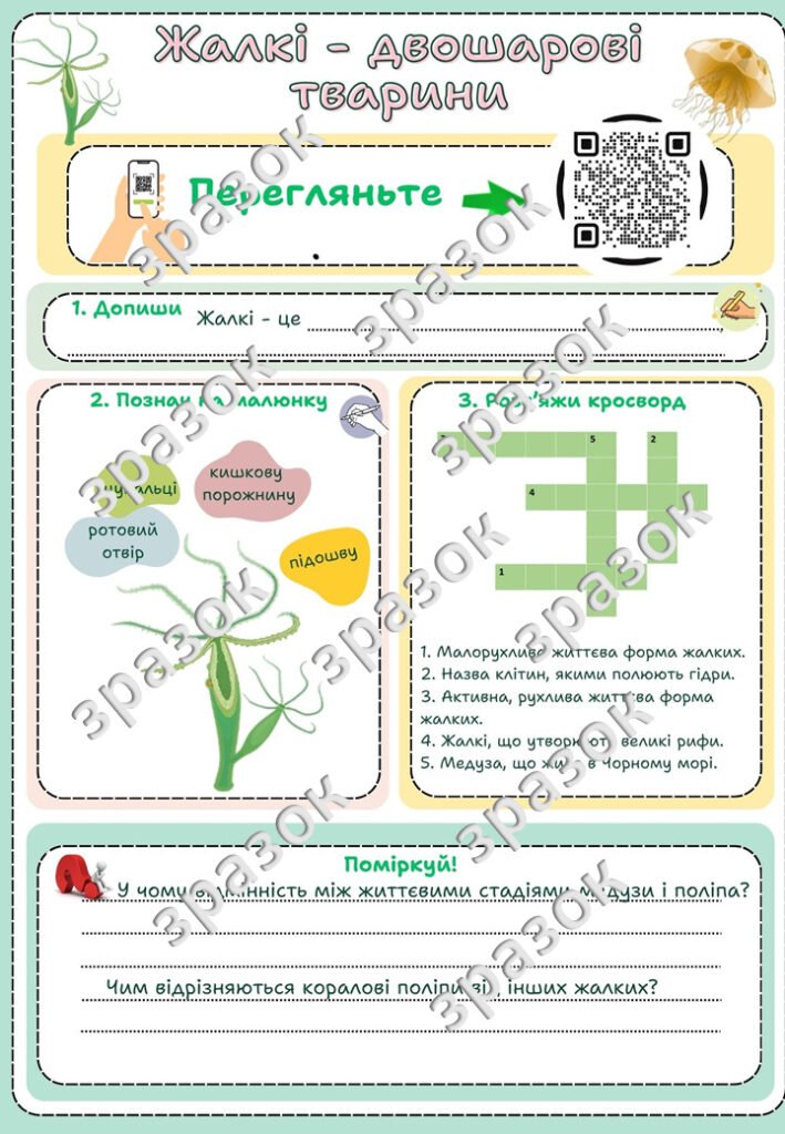 Головне зображення розробки: Робочий аркуш “Жалкі – двошарові тварини”. Біологія 7 клас НУШ