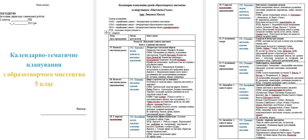 Головне зображення розробки: Календарне планування з образотворчого мистецтва для 5 класу на рік (Масол)