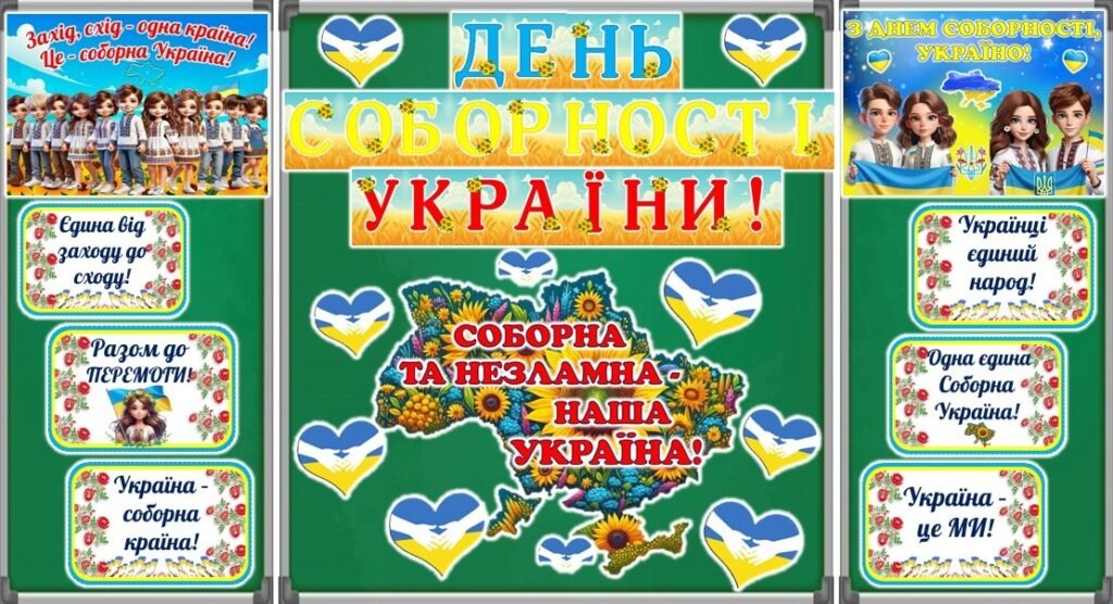 Головне зображення розробки: 22 січня – День Соборності України. Оформлення дошки, 3 постери, розтяжка, вислови.