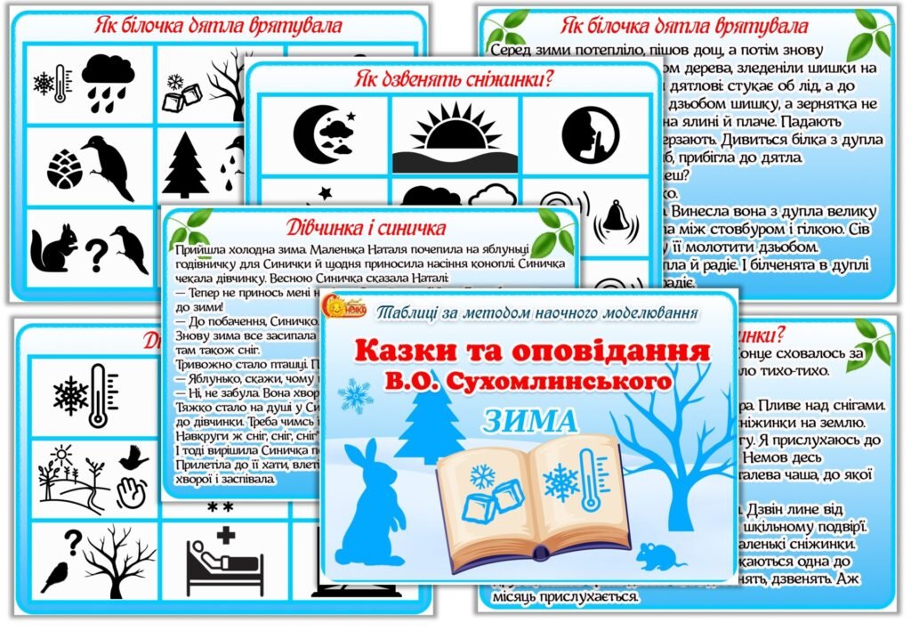 Головне зображення розробки: Таблиці для переказу за методом наочного моделювання “Казки та оповідання В.О. Сухомлинського. Зима”