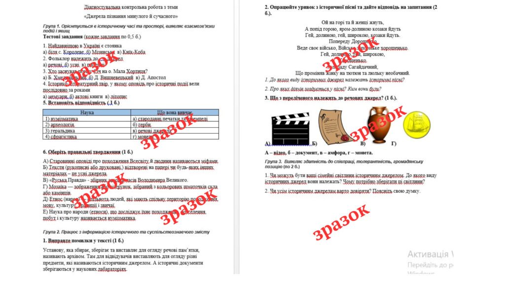 Головне зображення розробки: Діагностувальна контрольна робота з теми «Джерела пізнання минулого й сучасного» (за групами результатів)