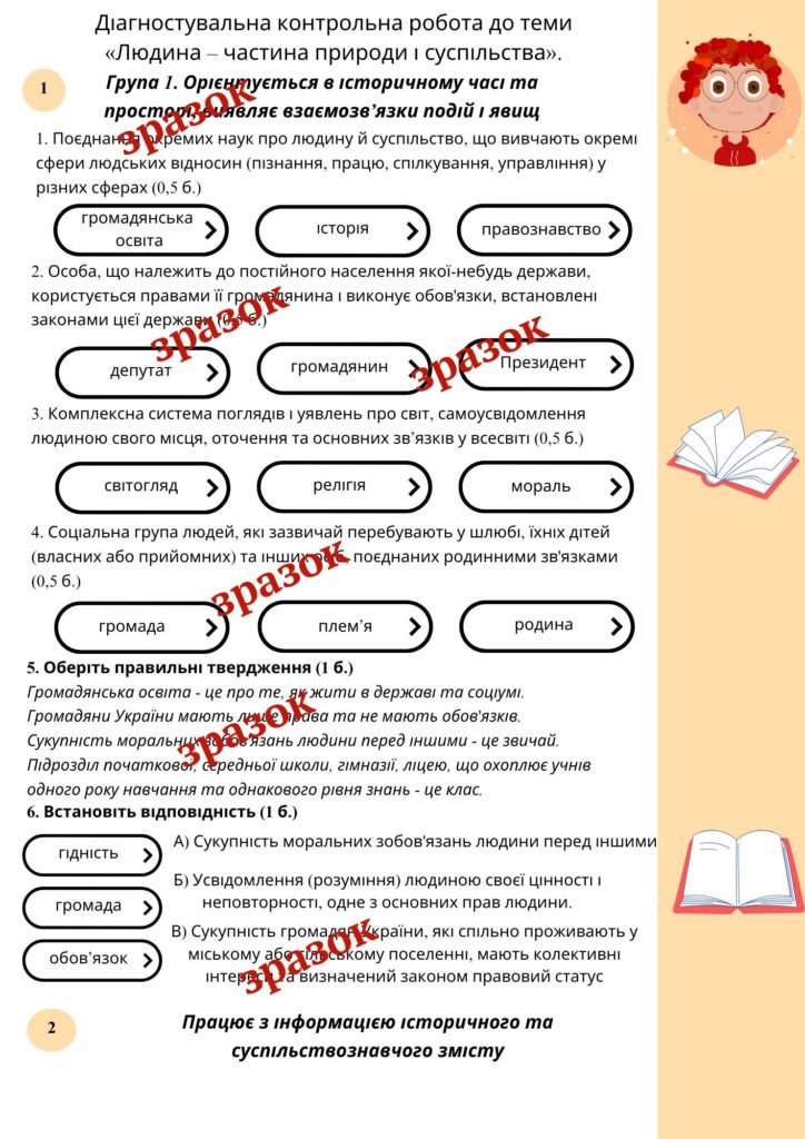 Головне зображення розробки: Діагностувальна контрольна робота №1 “«Людина – частина природи і суспільства» громадянська освіта 6 клас