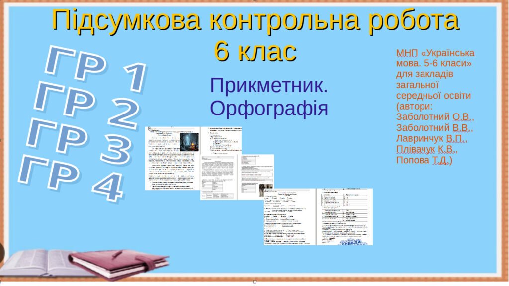 Головне зображення розробки: Підсумкова робота .ГР1. ГР2. ГР3. ГР 4. Прикметник. Орфографія. 6клас .Українська мова .