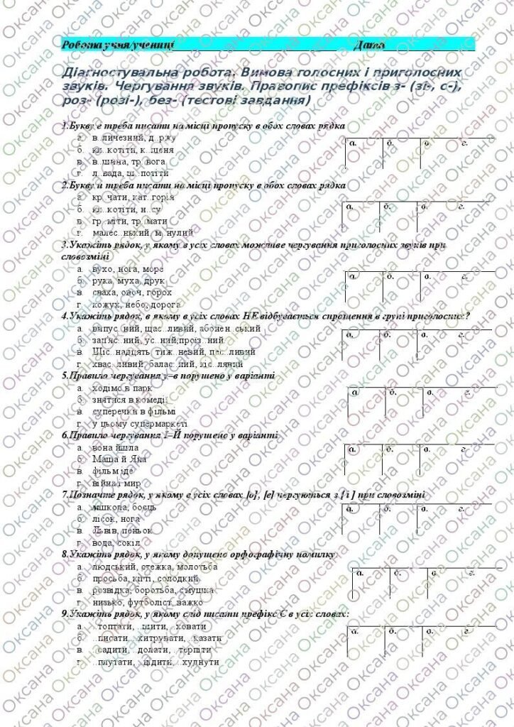 Головне зображення розробки: Контрольна робота. Вимова голосних і приголосних звуків. Чергування звуків. Правопис префіксів з- (зі-, с-), роз- (розі-), без- (тес