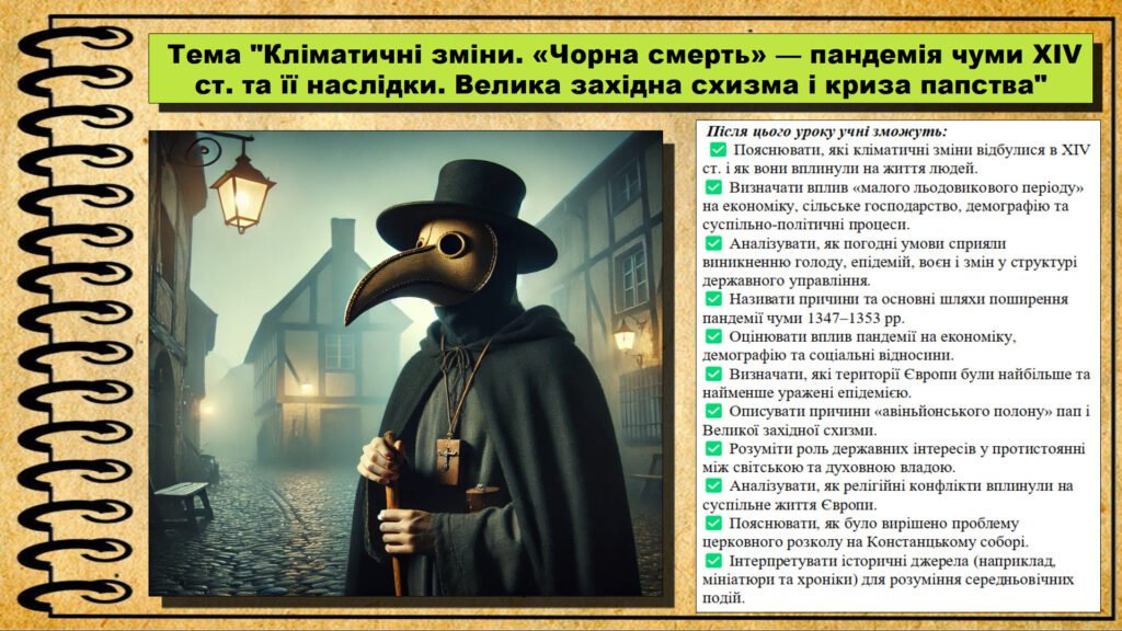 Головне зображення розробки: Кліматичні зміни. «Чорна смерть» — пандемія чуми XIV ст. та її наслідки. Велика західна схизма і криза папства. 7 клас (НУШ). Всесвітня історія. За п