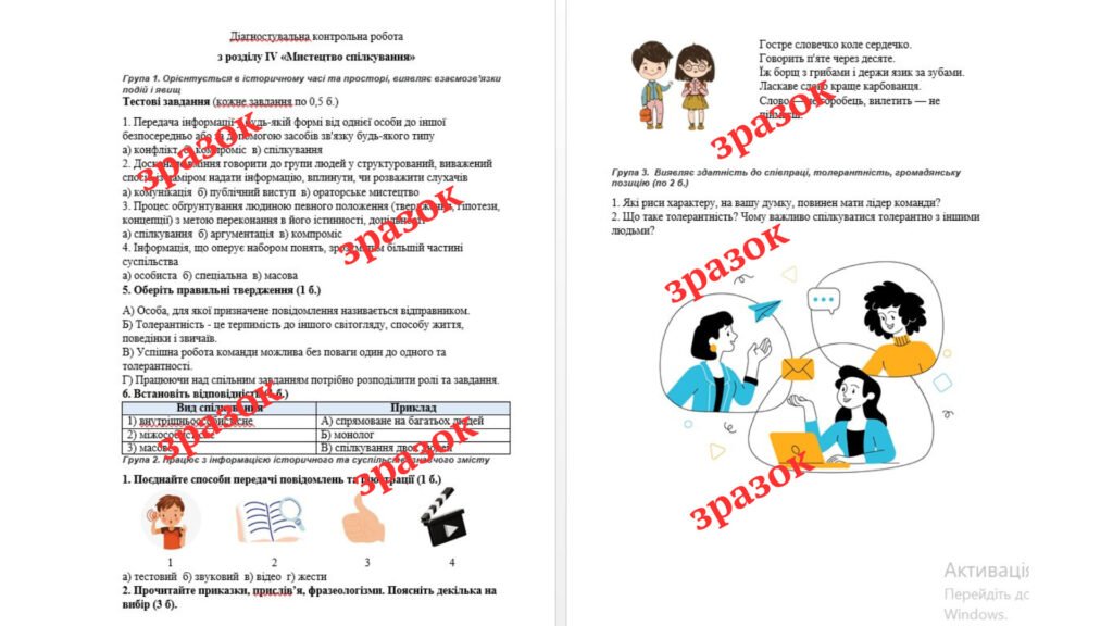 Головне зображення розробки: Діагностувальна контрольна робота з розділу IV «Мистецтво спілкування» за групами результатів (Васильків)
