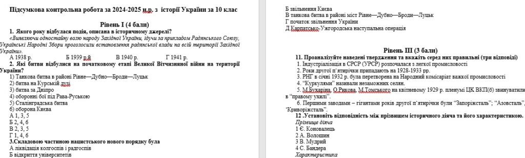 Головне зображення розробки: Річна контрольна робота 10 клас з історії України.