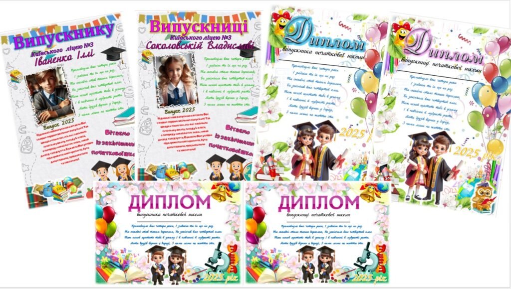 Головне зображення розробки: 📣 ДИПЛОМ ПРО ЗАКІНЧЕННЯ ПОЧАТКОВОЇ ШКОЛИ – 4 класу (2025 рік) містить 3 варіанти