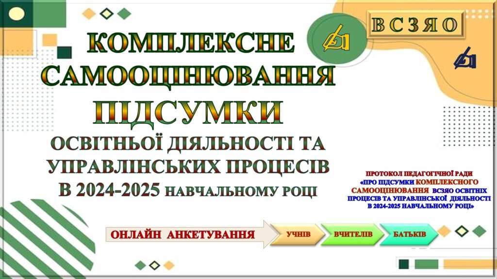 Головне зображення розробки: ВСЗЯО ПІДСУМКИ КОМПЛЕКСНОГО САМООЦІНЮВАННЯ ОСВІТНЬОЇ ДІЯЛЬНОСТІ ТА УПРАВЛІНСЬКИХ ПРОЦЕСІВ у 2024-2035 НАВЧАЛЬНОМУ РОЦІ ✍🏻
