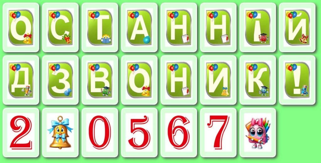 Головне зображення розробки: !!! ОСТАННІЙ ДЗВОНИК “ЗЕЛЕНИЙ ДИЗАЙН” (розтяжка-банер-гірлянда з окремих літер для друку на А4/А3)