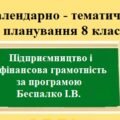 Календарно-тематичне планування для 8 класу “Підприємництво і фінансова грамотність” за модельною програмою Беспалко І.В. та підручником Гільберг Т.