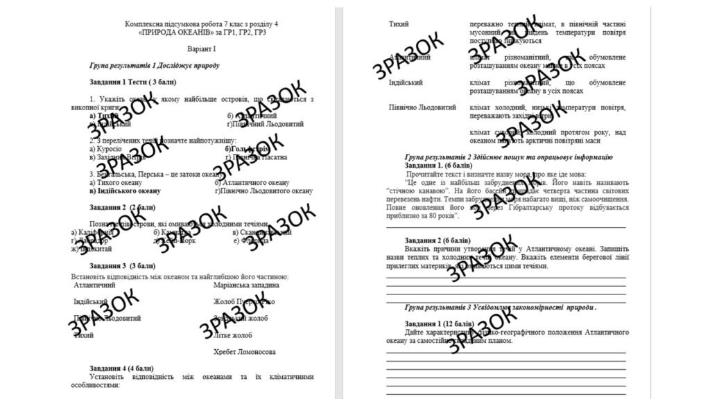 Головне зображення розробки: Комплексна підсумкова робота 7 клас, географія з розділу 4 «ПРИРОДА ОКЕАНІВ» за ГР1, ГР2, ГР3