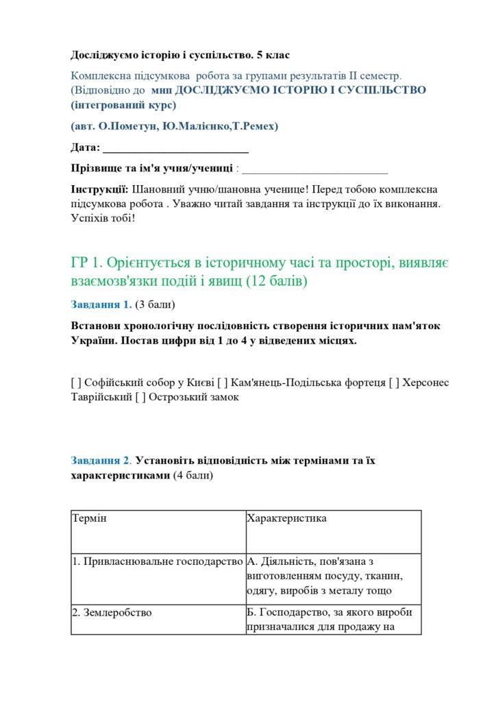 Головне зображення розробки: Комплексна підсумкова/контрольна робота за ІІ семестр відповідно Груп Результатів 5 клас Досліджуємо історію і суспільство.