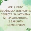7 клас. Комплексна підсумкова робота з української літератури за 2 семестр за чотирма ГР, 2 варіанти (МП Заболотного)