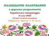 Календарне планування з ГР. Українська література. 8 клас НУШ. Яценко Т.О. та ін. (70 год / 2 год на тиждень). Модель оцінювання 1