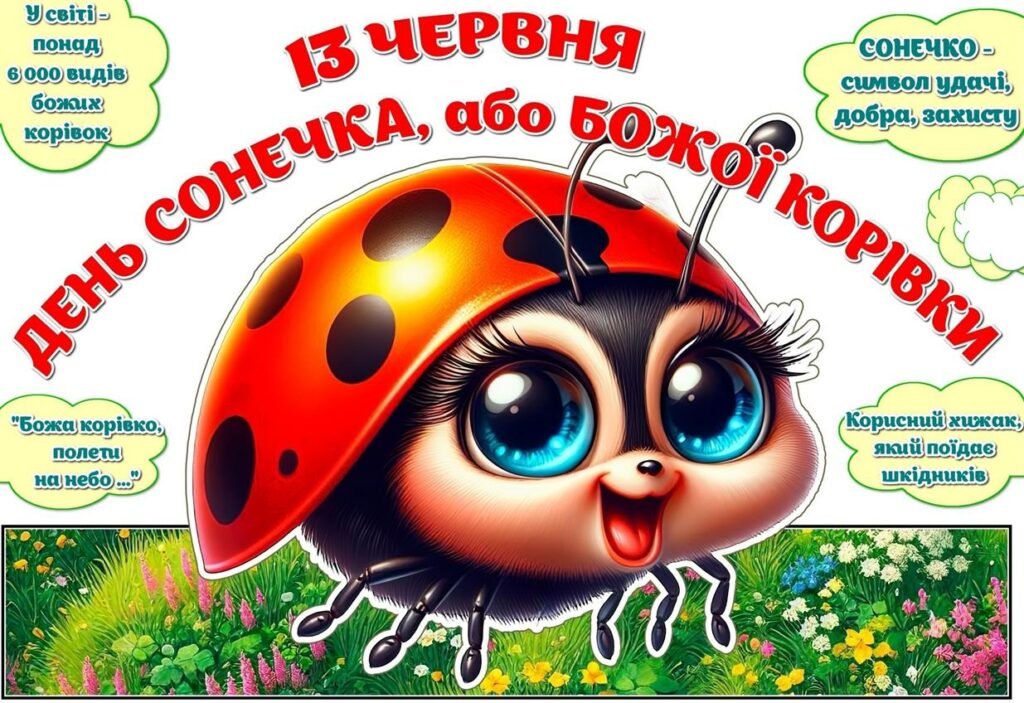 Головне зображення розробки: !!! ДЕНЬ СОНЕЧКА (БОЖОЇ КОРІВКИ) – 13 ЧЕРВНЯ. ЛІТНІЙ ТАБІР (оформлення, аплікація, вирізалки, гра “Хрестики-нулики”, розтяжки, розмальовки, постер)