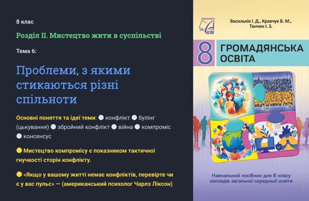Головне зображення розробки: презентація ” Проблеми, з якими стикаються різні спільноти.”. Громадянська освіта 8 клас НУШ