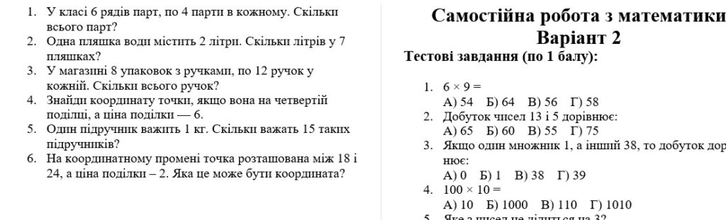 Головне зображення розробки: Самостійна та контрольна робота для учнів 5 класу НУШ з теми “Множення натуральних чисел. Координатні промені і шкали”.
