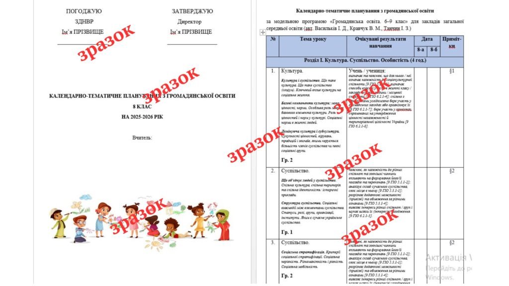 Головне зображення розробки: КАЛЕНДАРНО-ТЕМАТИЧНЕ ПЛАНУВАННЯ З ГРОМАДЯНСЬКОЇ ОСВІТИ 8 КЛАС (Васильків)