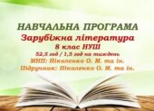 Навчальна програма. Зарубіжна література. 8 клас НУШ. Ніколенко О. М. та ін. 52,5 год / 1,5 год на тиждень