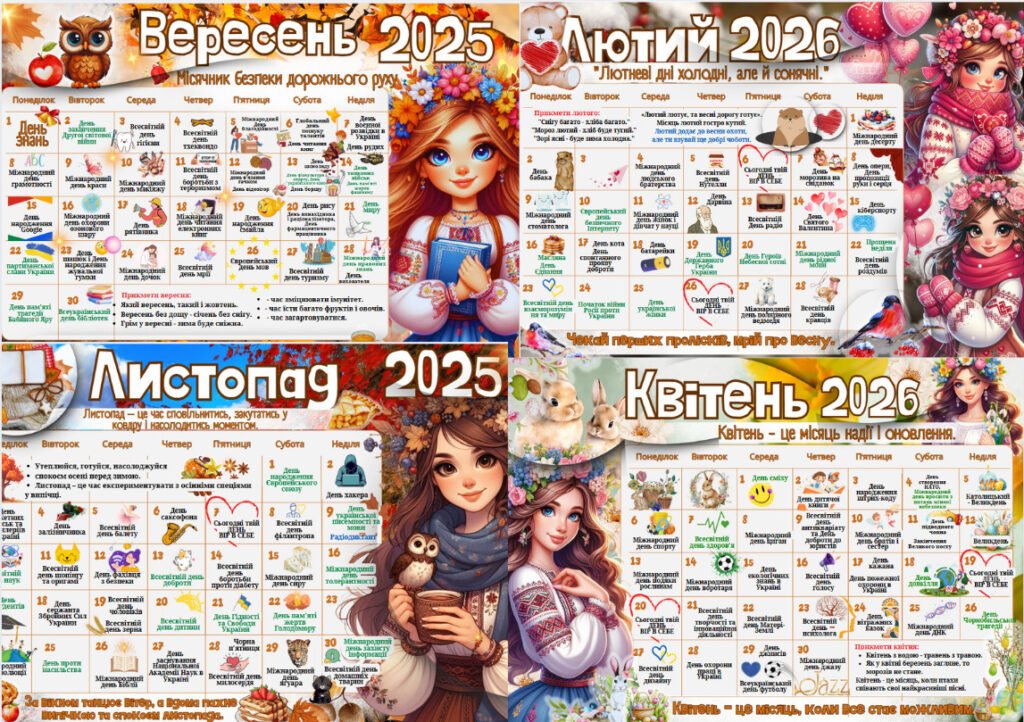 Головне зображення розробки: Календар вчителя на 2025-2026 навчальний рік святкові та пам’ятні дати (12 місяців).