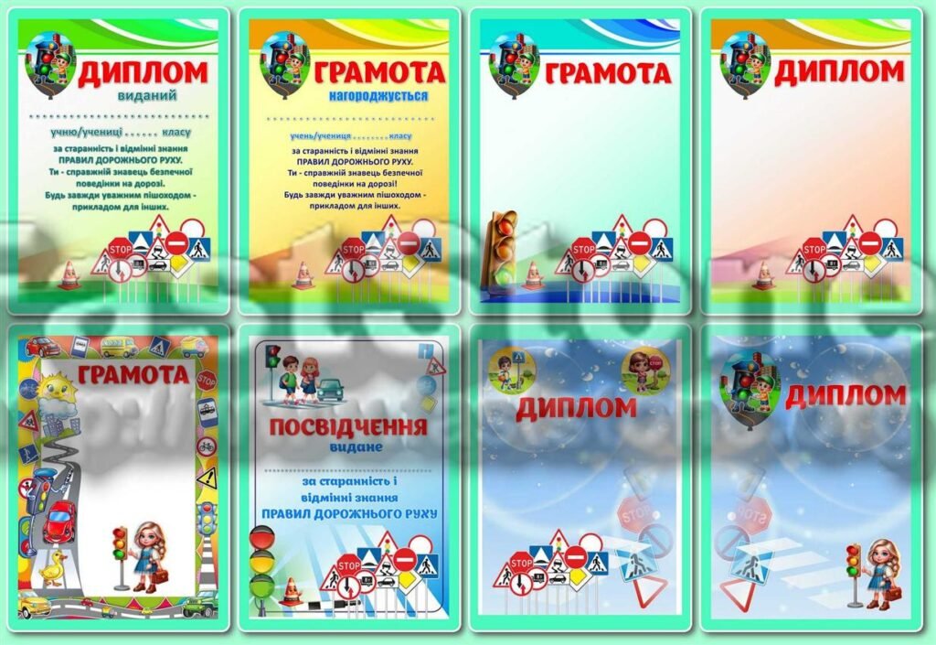 Головне зображення розробки: !!! КУТОЧОК БЕЗПЕКИ. БЕЗПЕКА НА ДОРОЗІ. ПРАВИЛА ДОРОЖНЬОГО РУХУ (грамоти, дипломи, оформлення – світлофори, знаки ПДР і кульки)