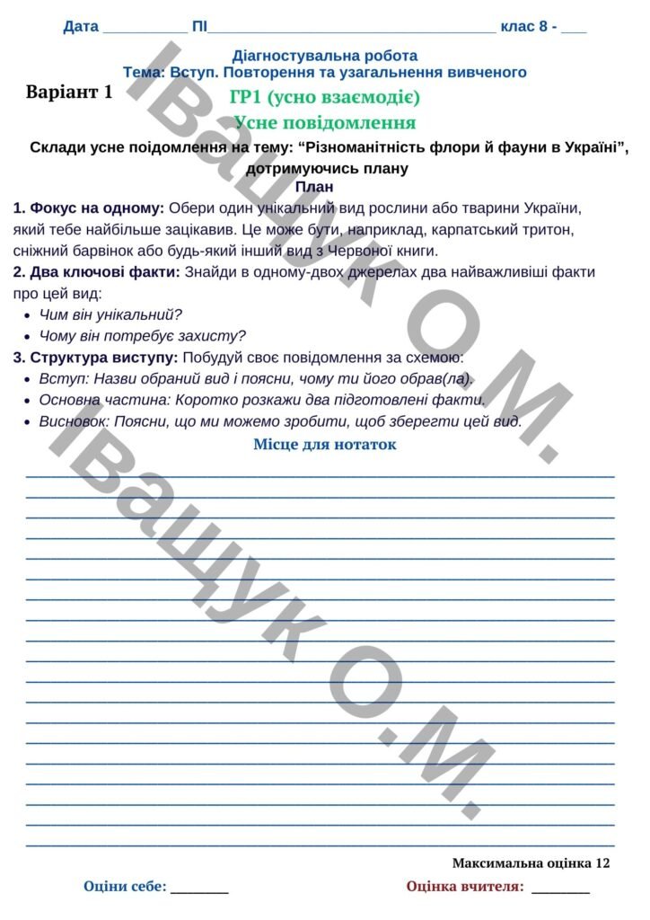 Головне зображення розробки: Підсумкова діагностувальна робота №1 за ГР1 для 8 класу з української мови за темою: ВСТУП. ПОВТОРНЕННЯ ТА УЗАГАЛЬНЕННЯ ВИВЧЕНОГО
