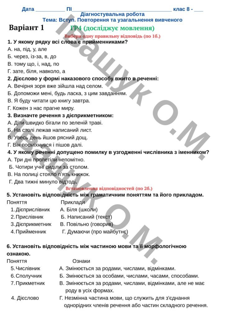 Головне зображення розробки: Підсумкова діагностувальна робота №1 за ГР4 для 8 класу з української мови за темою: ВСТУП. ПОВТОРНЕННЯ ТА УЗАГАЛЬНЕННЯ ВИВЧЕНОГО