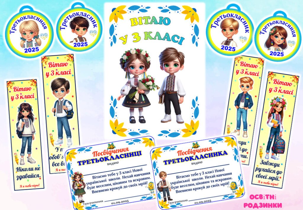 Головне зображення розробки: Футляр + посвідчення + медалька + закладка для третьокласників. 1 вересня 2025 для 3 класу.