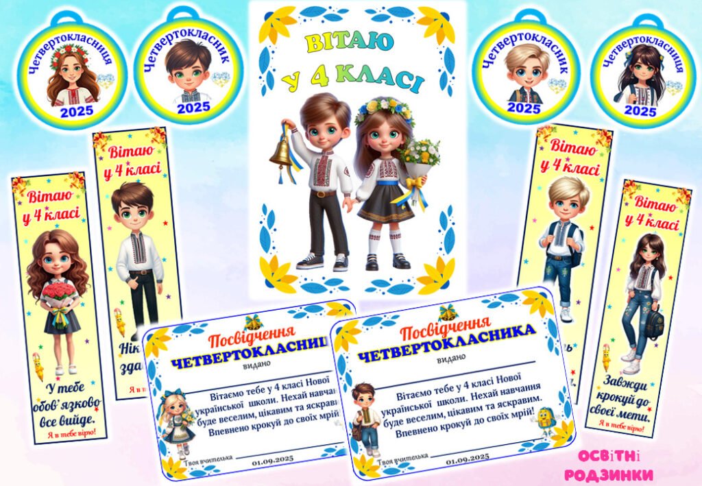 Головне зображення розробки: Футляр + посвідчення + медалька + закладка для четвертокласників. 1 вересня 2025 для 4 класу.