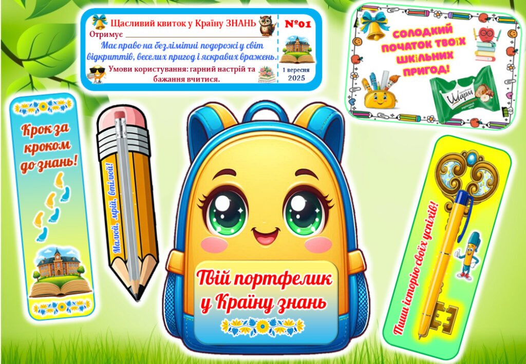 Головне зображення розробки: Подарунок для учнів на 1 вересня 2025 “Твій портфелик у країну знань”. Квиток, ручка, олівець, закладка, листівка.
