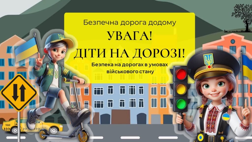 Головне зображення розробки: УВАГА! ДІТИ НА ДОРОЗІ! Безпечна дорога додому. Безпека на дорогах в умовах військового стану. Інтерактивна презентація (офлайн, онлайн) + конспект-